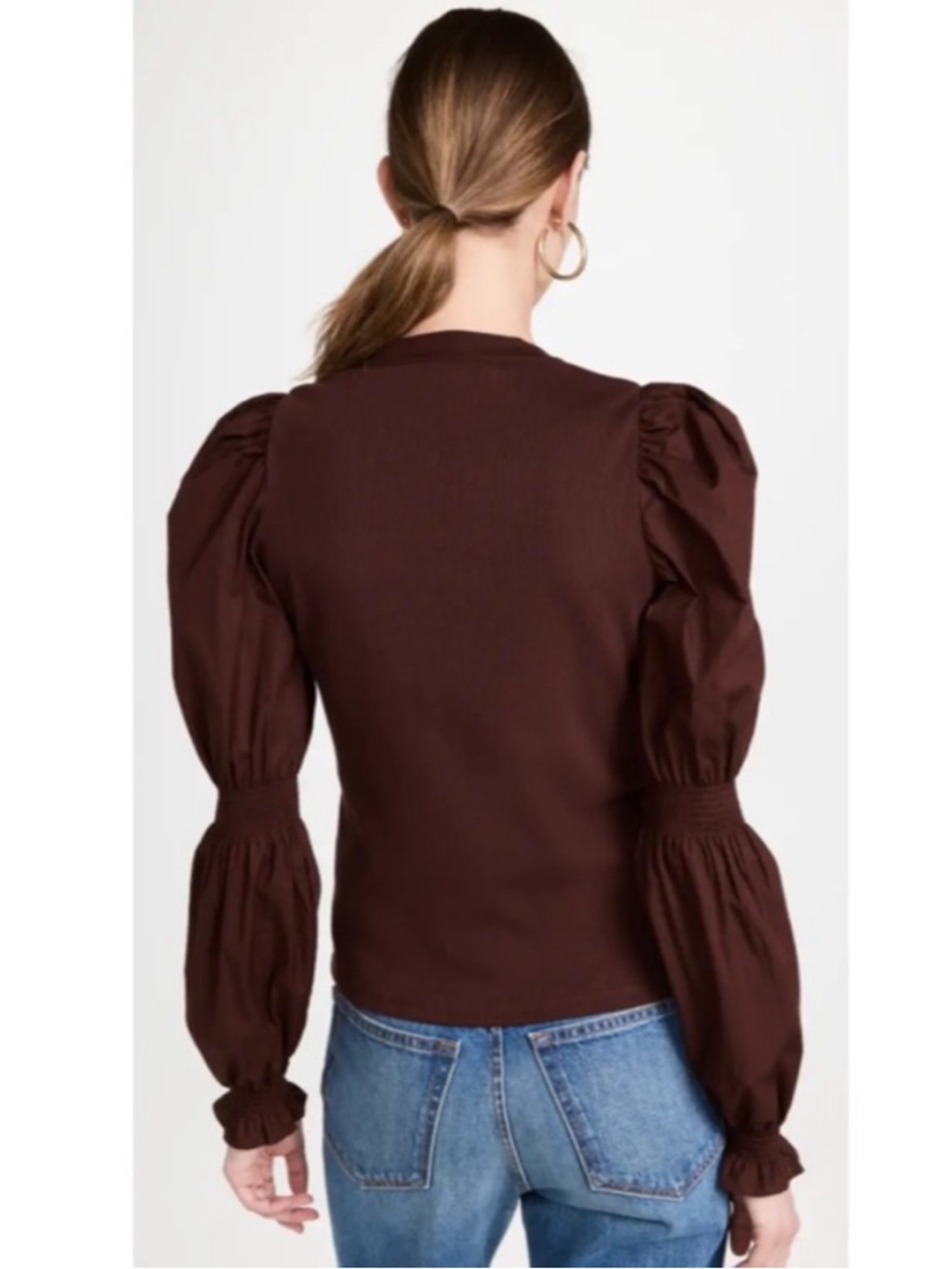 Veronica Beard Effy Top Size Small Oxblood Poet Sleeve Puff Sleeve Ribbed Henley - Picture 3 of 14